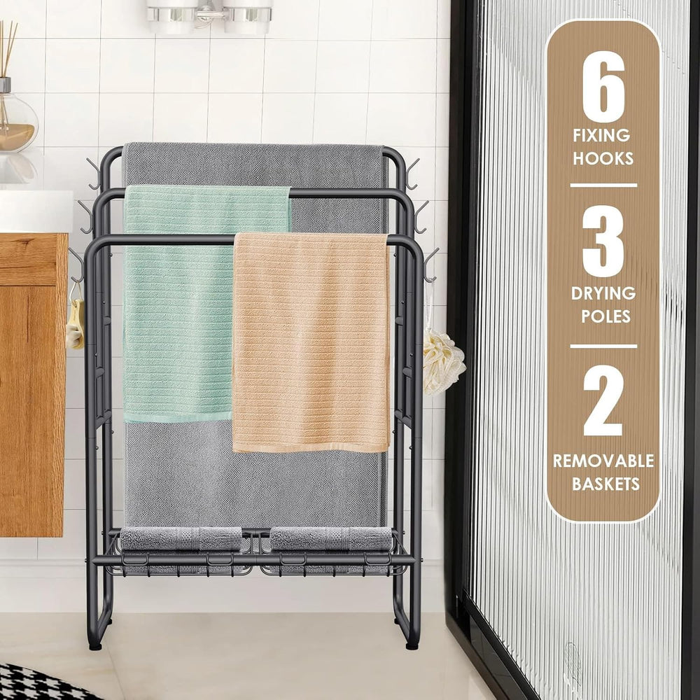 Kayfia 40'' Freestanding 3 Tier Metal Towel Rack, 2 Baskets & 6 H...