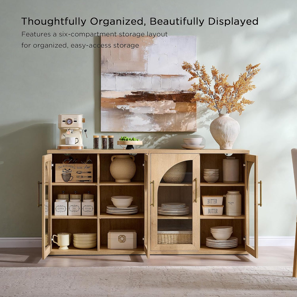 ACCOHOHO Glass Arched Door Sideboard Buffet Cabinet, Natural Oak