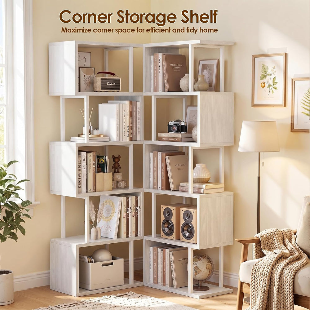 Housolution 6 Tier 57.5" Tall S Shaped Geometric Bookshelf, White