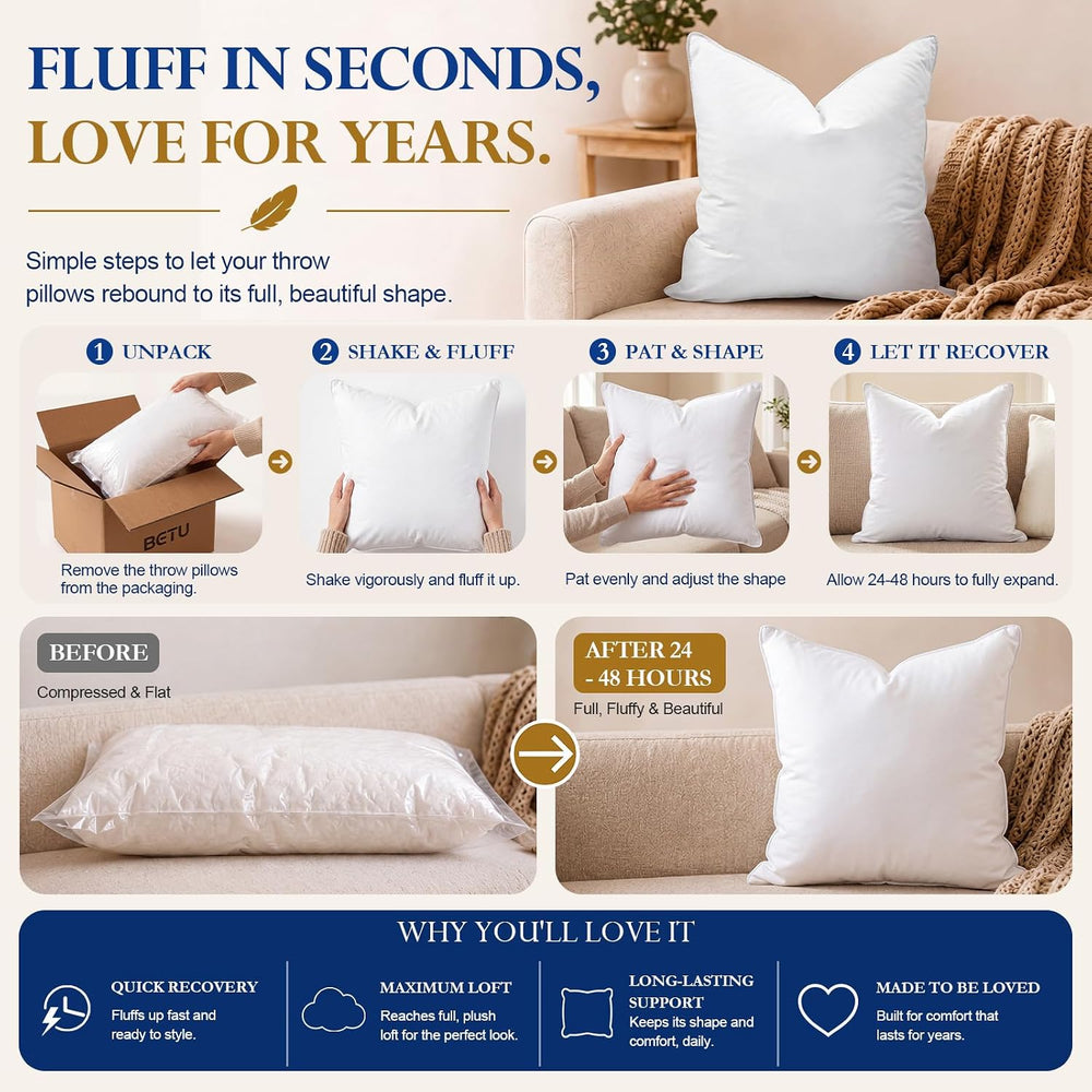 BETU 16x16 Pillow Inserts,Set of 2 Feather Down Throw Pillows for Couch Bed