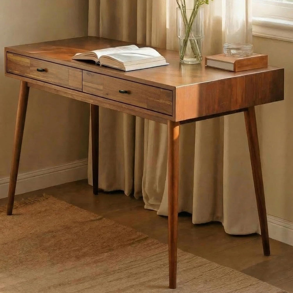 Acacia Lagom 48" Solid Wood Work Desk with Drawers, Home Office Desk Off...