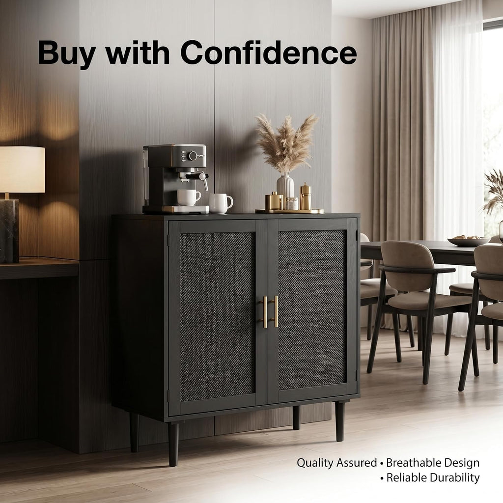Finnhomy Sideboard Buffet Kitchen Storage Cabinet with Black Painted Rattan Decorated Doors, Dining Room, Hallway, Cupboard Console Table, Liquor/Accent Cabinet, 31.5X 15.8X 34.6 Inches, Black