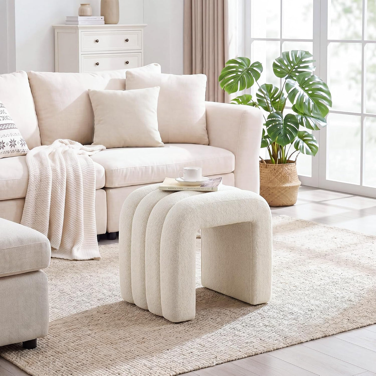 Beige Linen Ottoman Stool, Backless Vanity Stool, Footrest for Couch