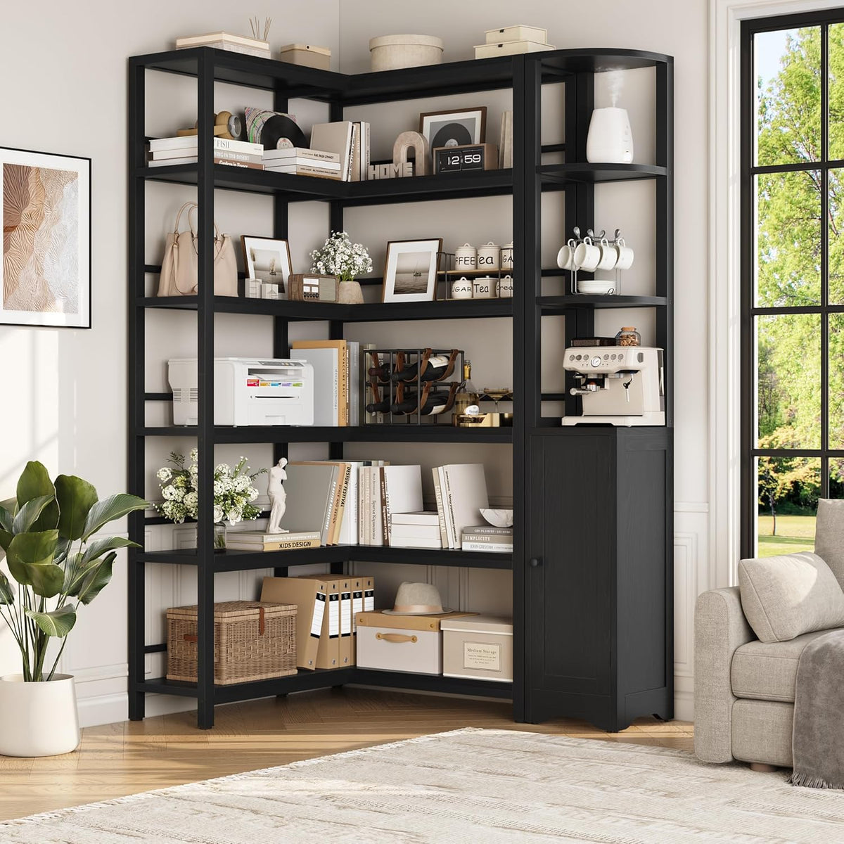 72" Tall Corner Bookshelf, 6-Tier L-Shaped Bookcase with Storage, Black