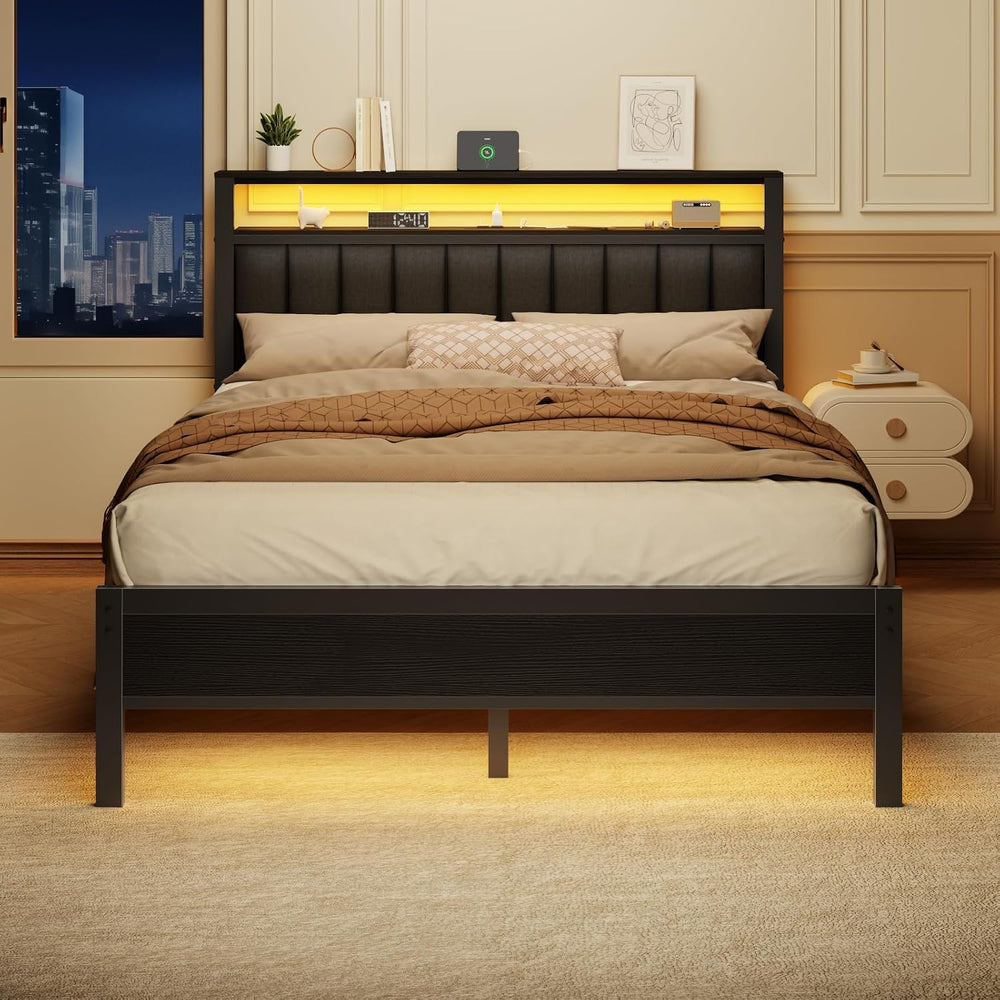 Furnulem Queen Size Bed Frame with Charging Station and LED Lights