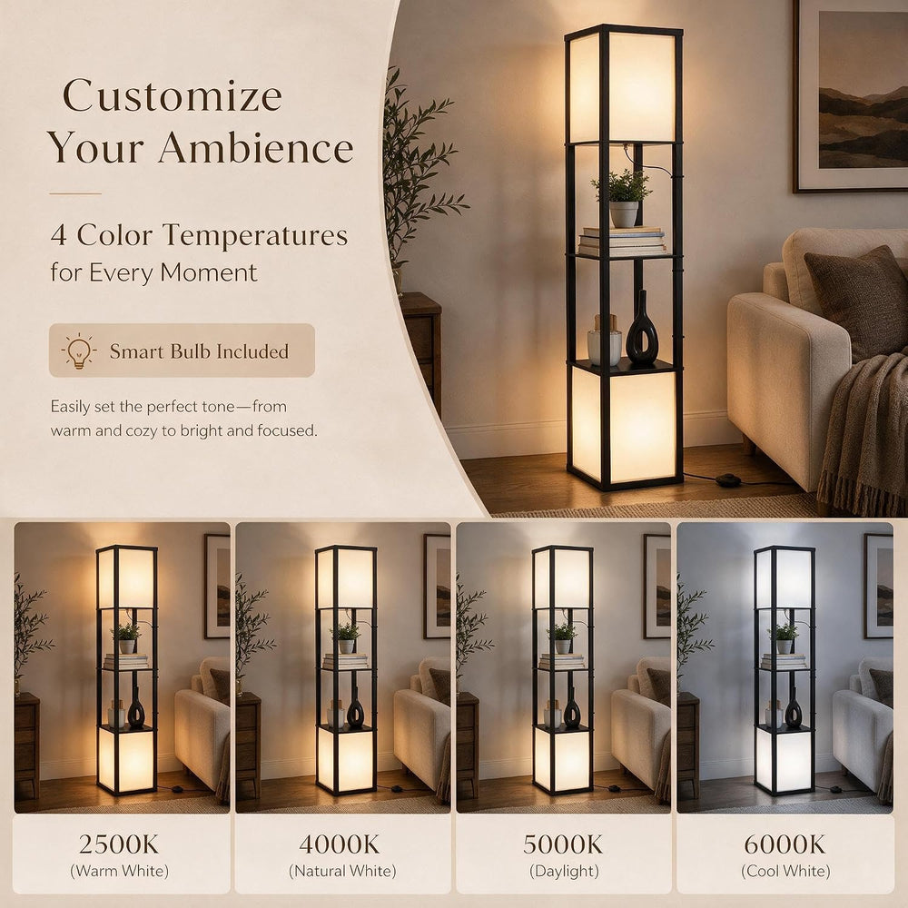 Dual Head Floor Lamp with Shelves, Dimmable, Remote, for Living Room