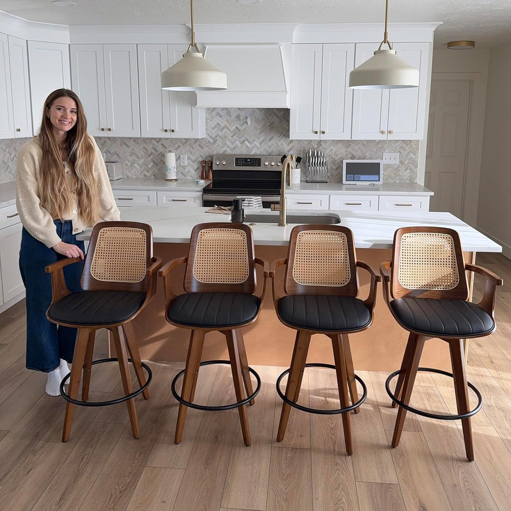 WUPOTO Mid Century Modern Bar Stools with Rattan Back
