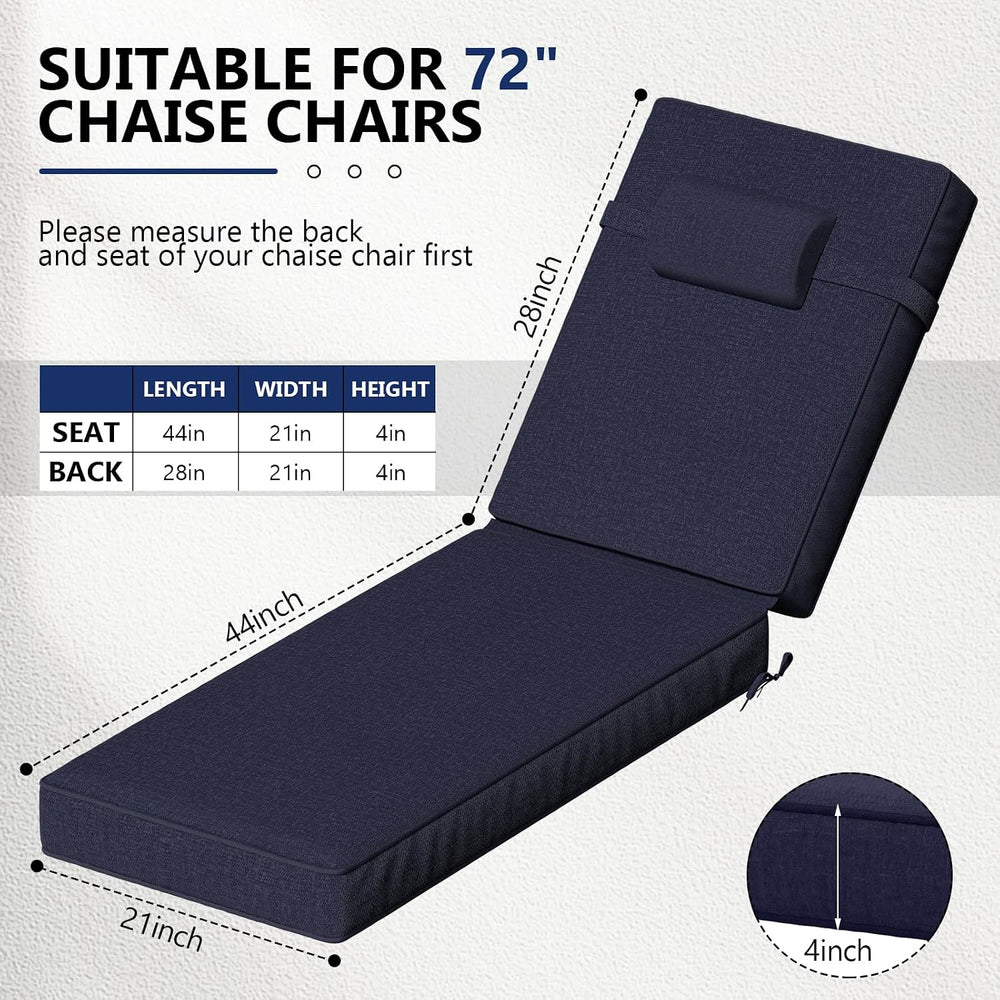 72 x 21 x 4 Inch Olefin Chaise Lounge Cushions, Lounge Chair Cushions with He...