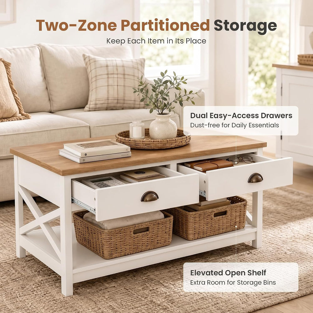 PHI VILLA White Coffee Table with Drawers,2 Tiers Living Room Coffee Table
