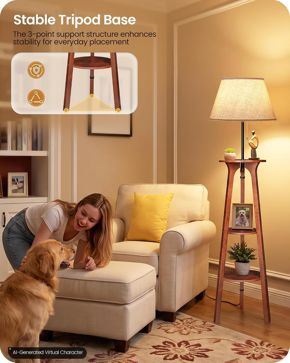 3 Tier Shelf Floor Lamps, Wood Tripod Floor Lamp, Linen Lampshade