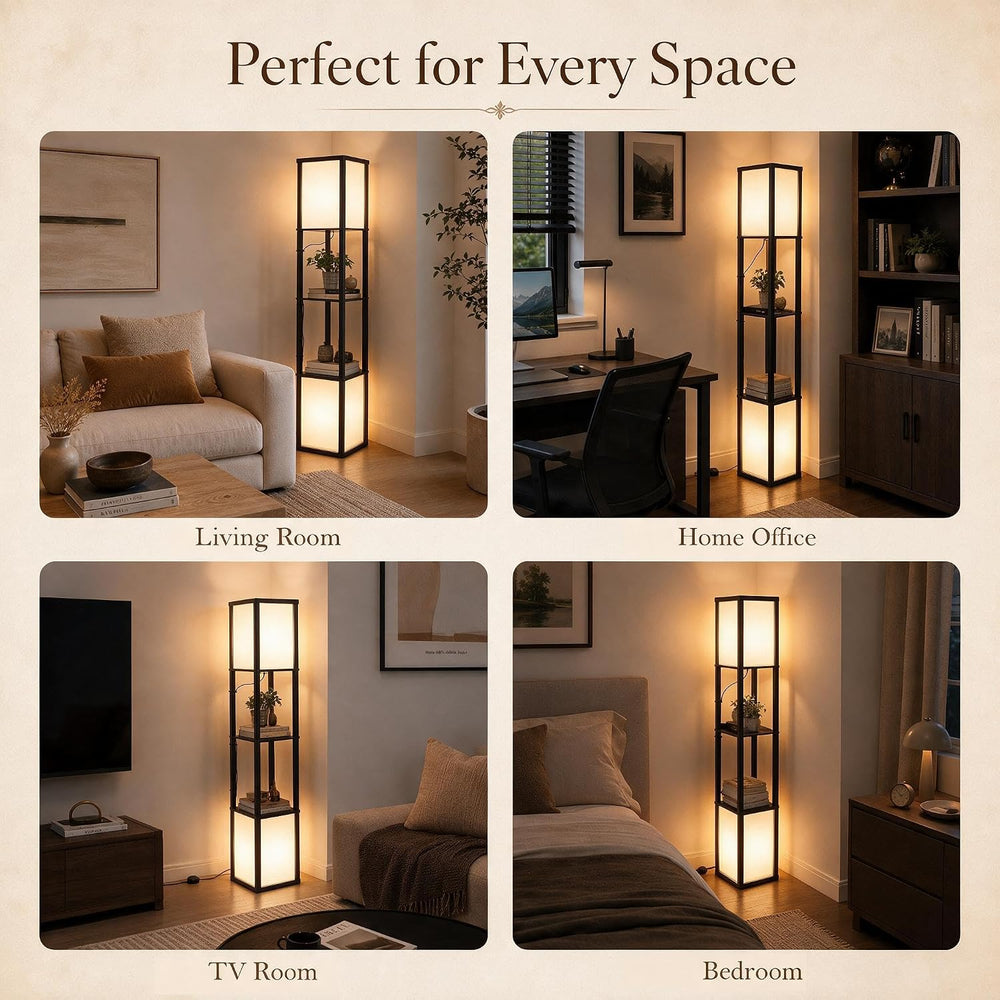 Dual Head Floor Lamp with Shelves, Dimmable, Remote, for Living Room