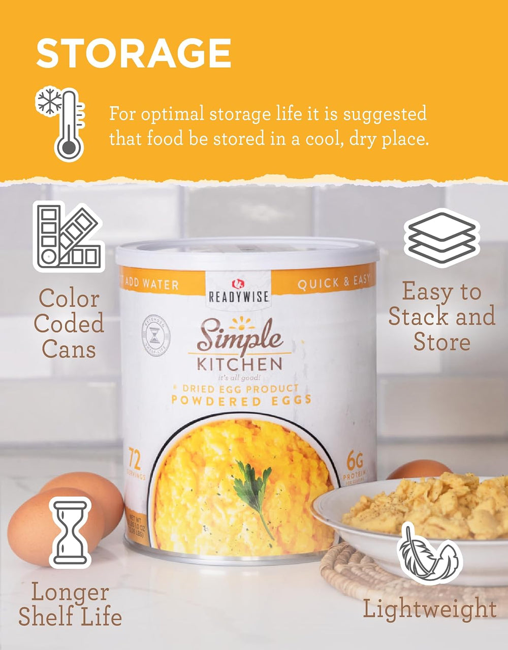 SIMPLE KITCHEN Powdered Eggs #10 Can, 72 Servings, Emergency Camping Food