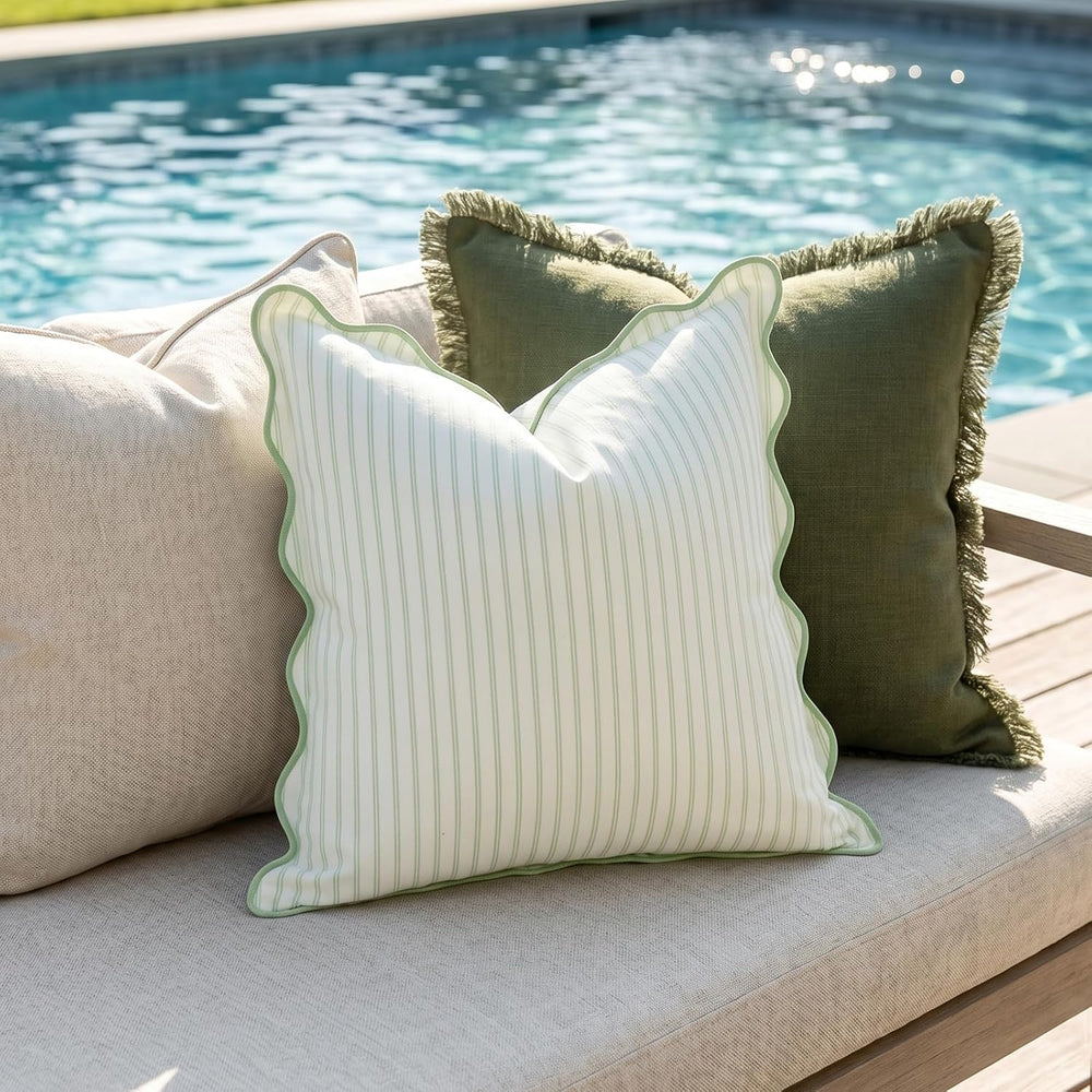 DEZENE 18x18 Green Outdoor Pillow Covers Pack of 2, Striped Scalloped Coastal...