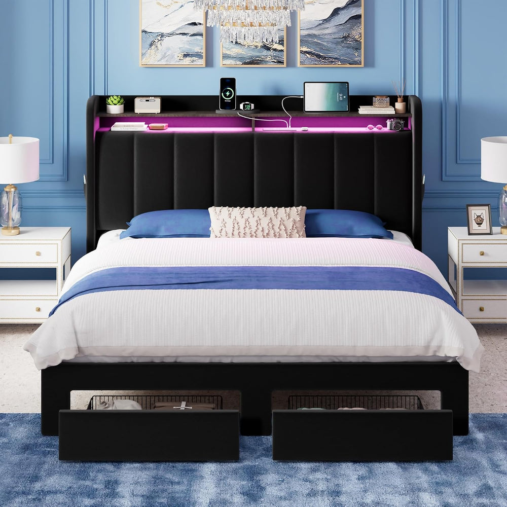 Allewie Full Size Bed Frame with 2-Tier Storage Headboard & 2 Large Drawers