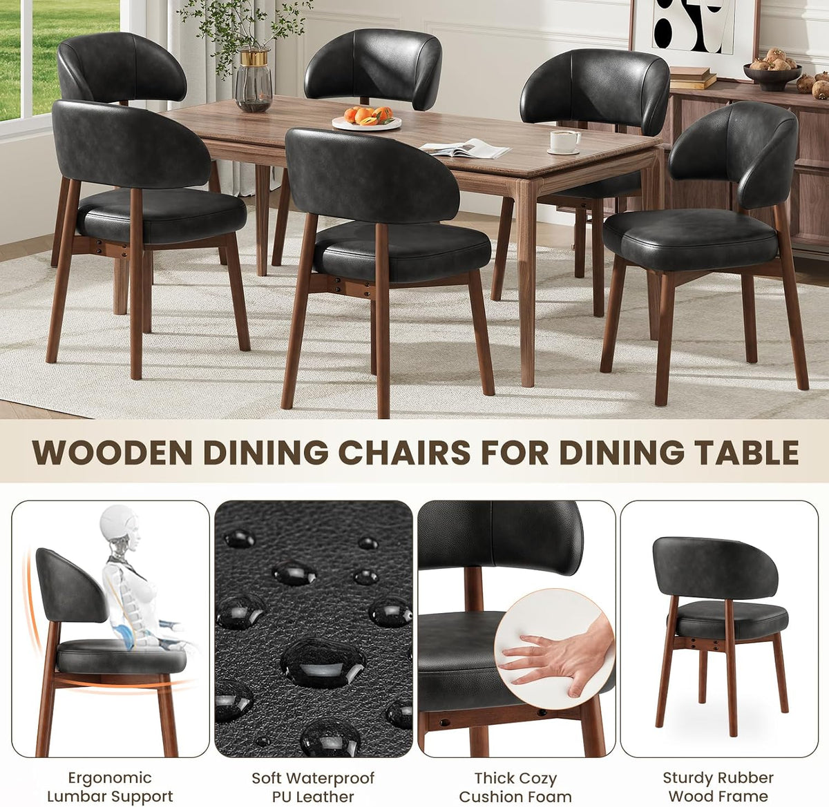 MALOL Wooden Dining Chairs Set of 2, Modern Upholstered Dining Room Kitchen Side Chairs with Curved Open Back for Living Room/Restaurant/Cafe, Black