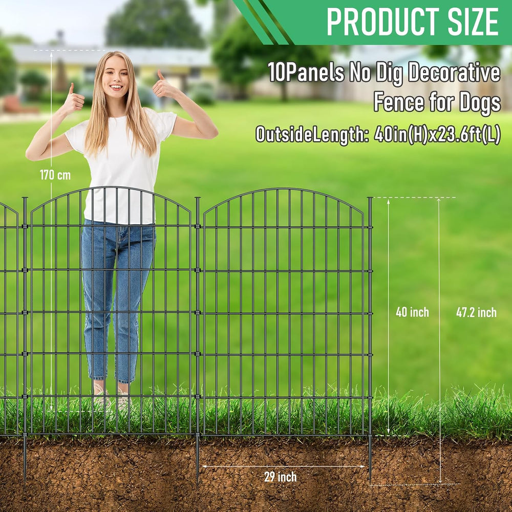10‑Panel No‑Dig Metal Garden Fence 40"H x 23.6'L Dog Fence Outdoor f...