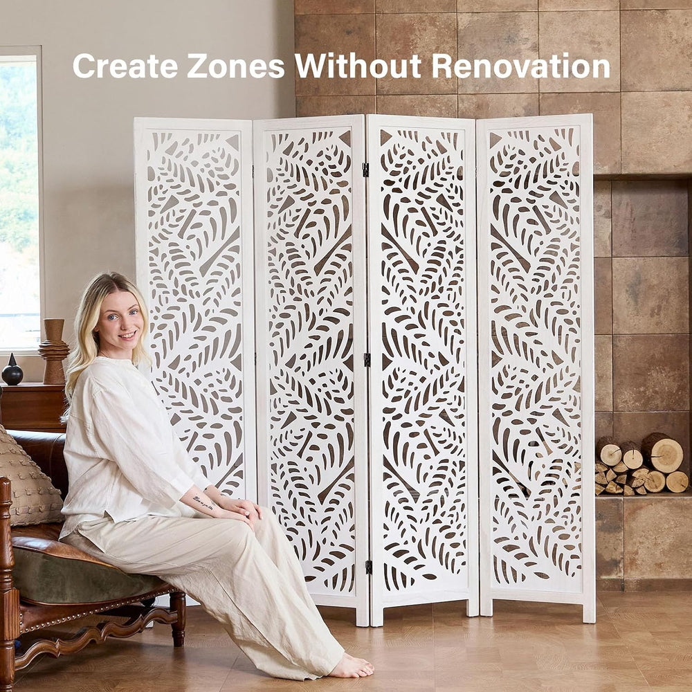 Leaf-Carved Room Divider Privacy Screen - 67 Inch Tall Foading Decorative Woo...