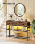 SONGMICS Console Table with Charging Station, Narrow Sofa Table with LED Lighting, for Entryway, Living Room, 11.8 x 38.9 x 31 Inches, 3 Fabric Drawers, Rustic Brown, BELLAH Collection ULGS198K101