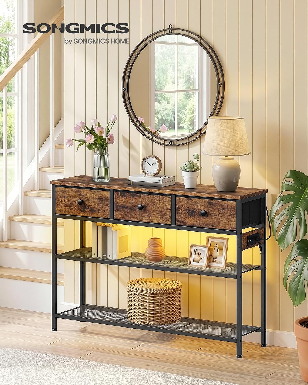 SONGMICS Console Table with Charging Station, Narrow Sofa Table with LED Lighting, for Entryway, Living Room, 11.8 x 38.9 x 31 Inches, 3 Fabric Drawers, Rustic Brown, BELLAH Collection ULGS198K101