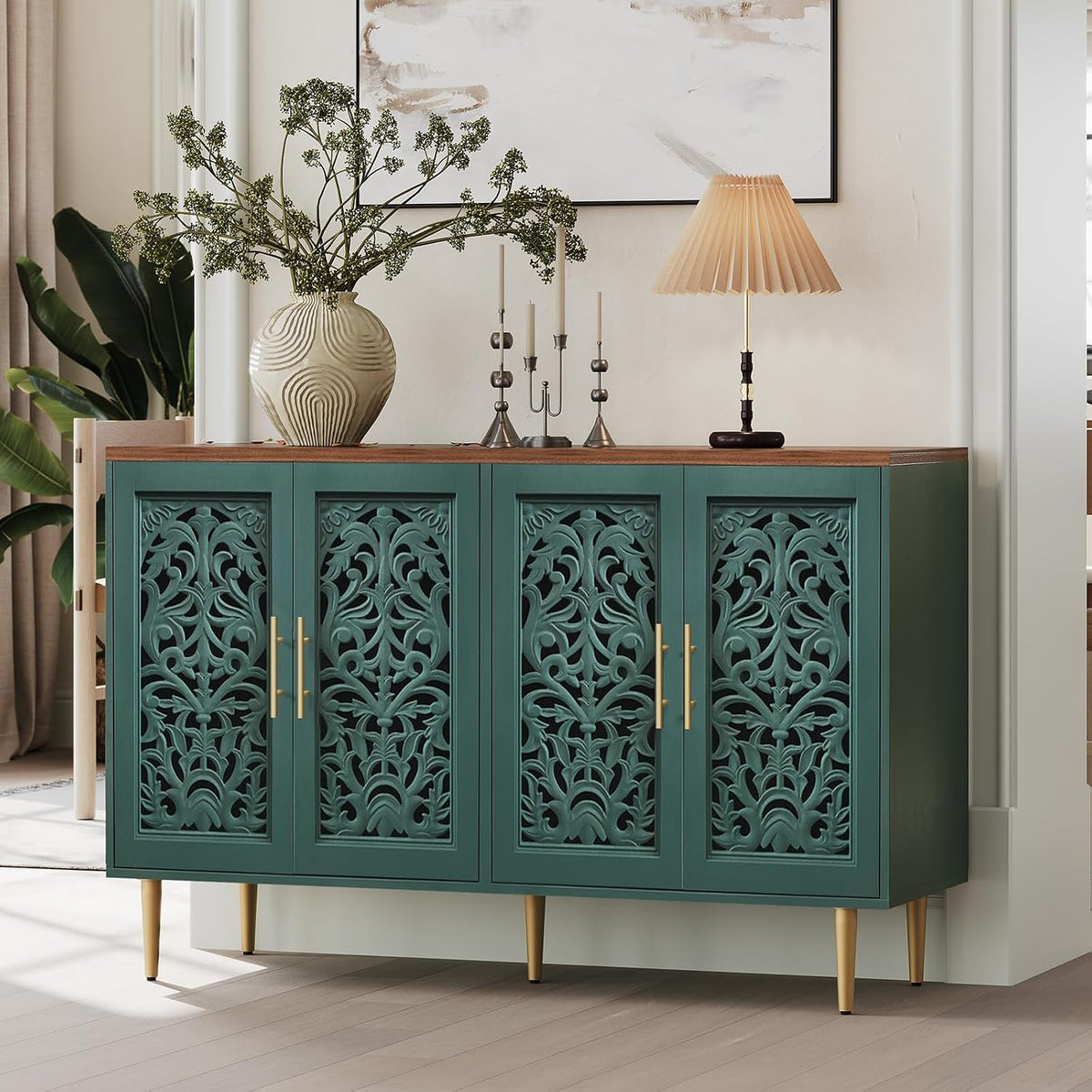 ARTPOWER 47.8" Vintage Accent Cabinet with 4 Hollow Carving Doors, Green