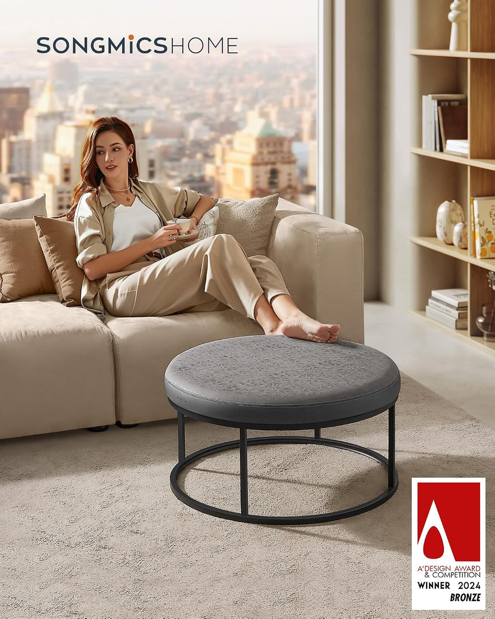 SONGMICS HOME Ottoman, Round Coffee Table, Reversible Top, Steel Frame