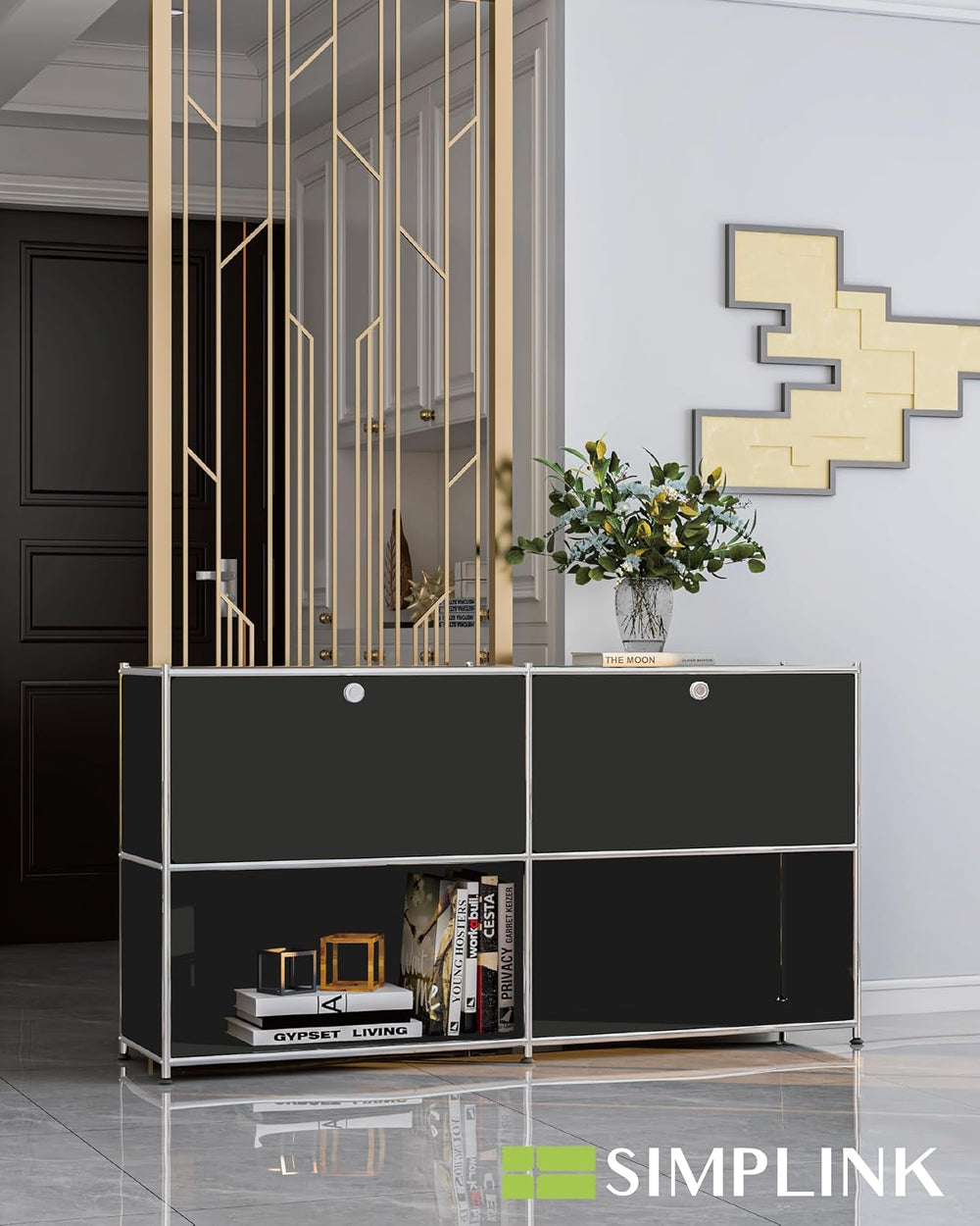 Metal Storage Cabinet, Mid-Century Sideboard, 2 Flap Doors, H60