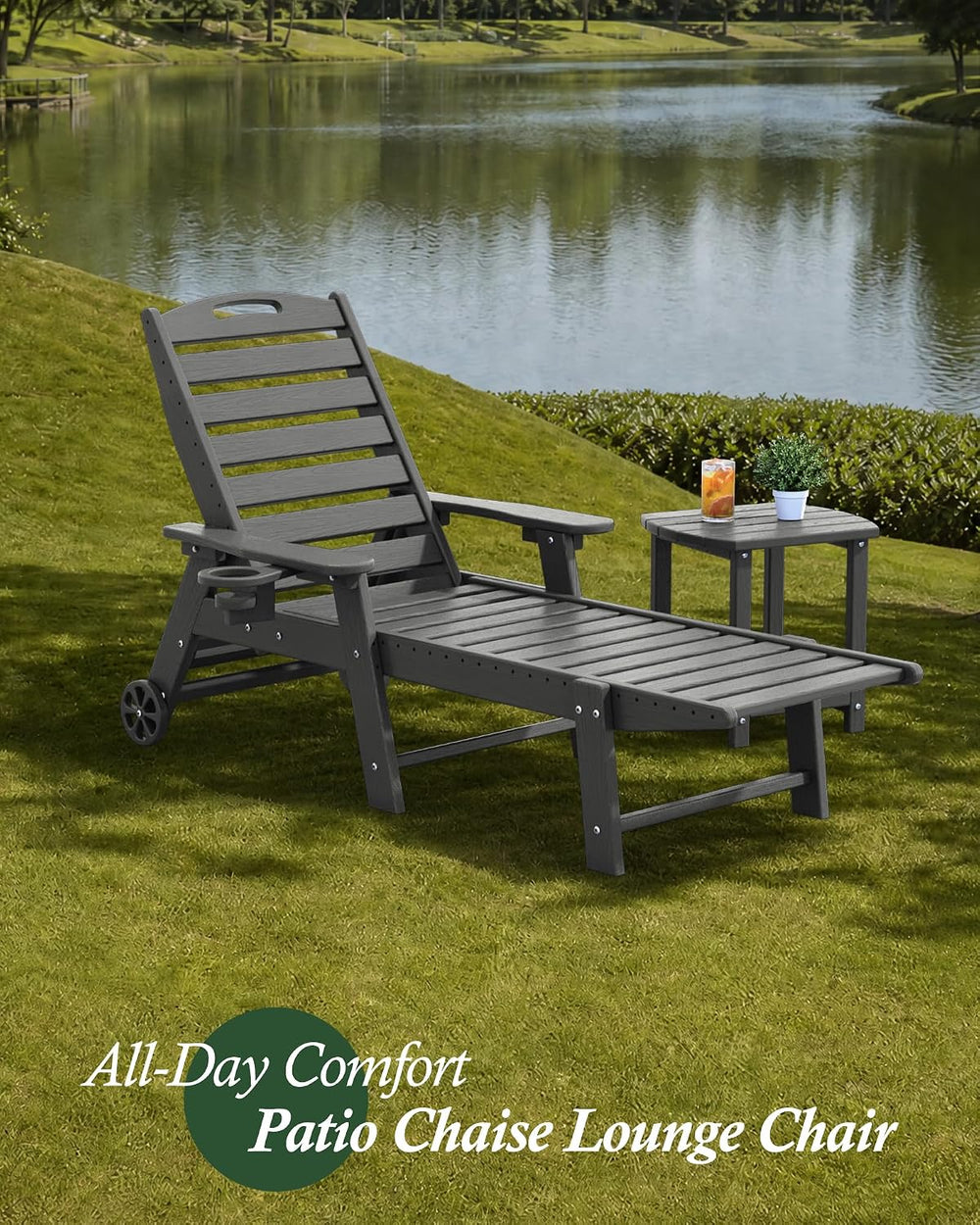 HDPE Outdoor Chaise Lounge Chair Set of 2, 77.8" Length,Dark Grey