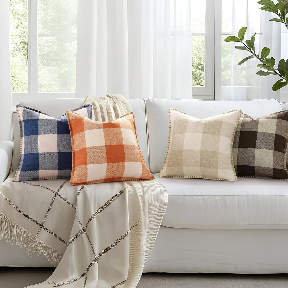 decorUhome Fall Plaid Linen Throw Pillow Covers 26x26 Set of 2 Brown Beige