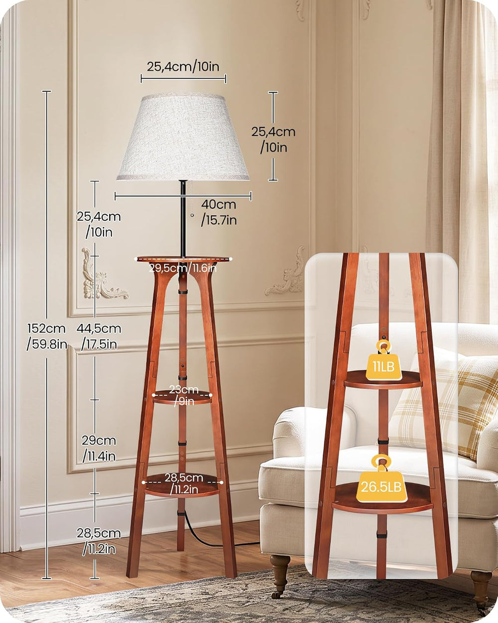 3 Tier Shelf Floor Lamps, Wood Tripod Floor Lamp, Linen Lampshade