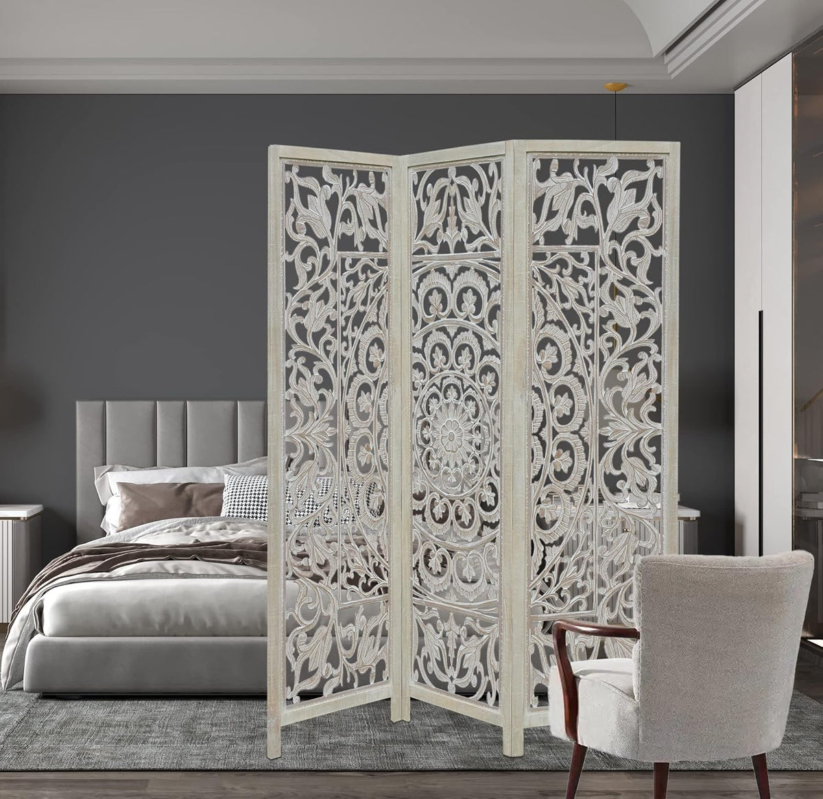 COTTON CRAFT Room Divider Wood Screen - Hand Carved Folding 3 Panels 60x72