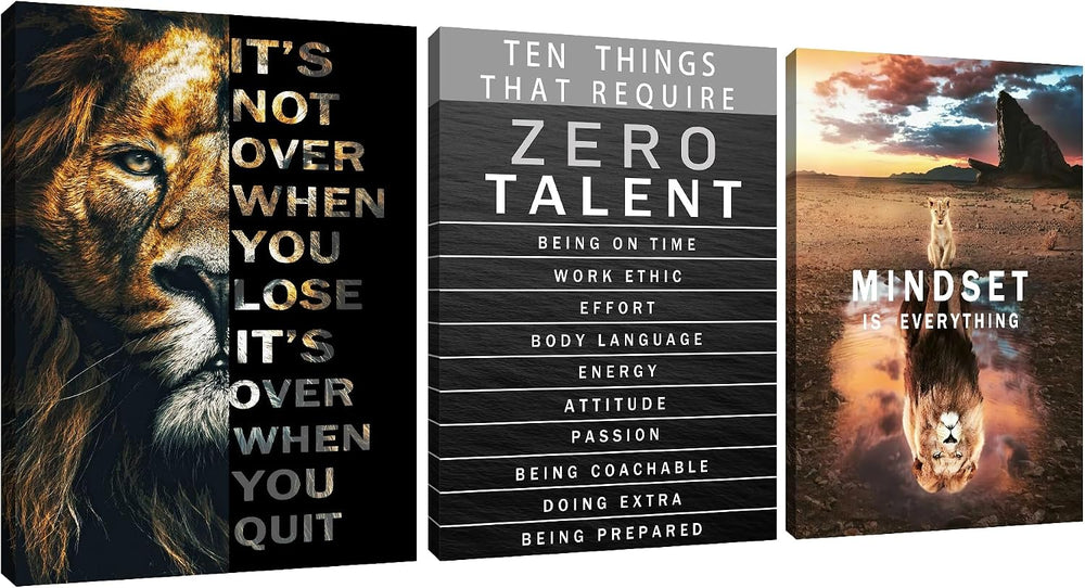 QYHART Lion Mindset Zero Talent 3 Piece Canvas Wall Art Office Wall Decor