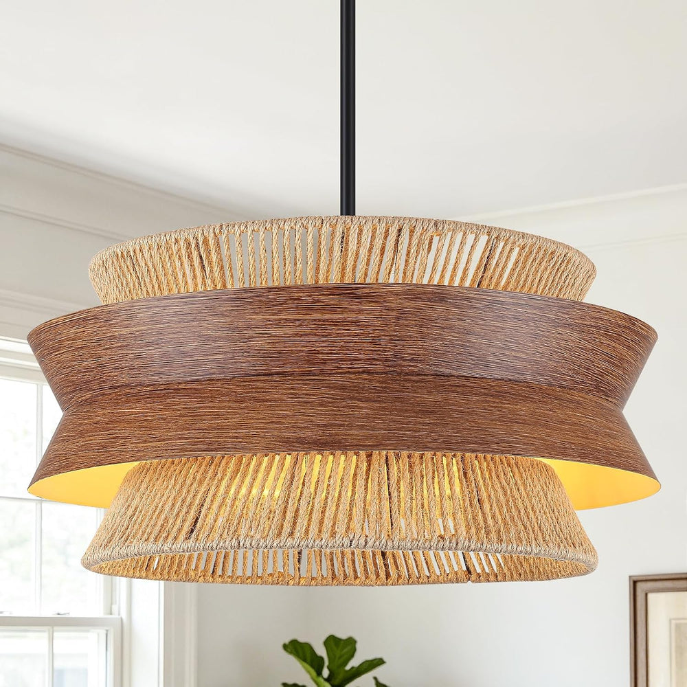 23.6" Rattan Chandelier with Wood Texture for Dining Room