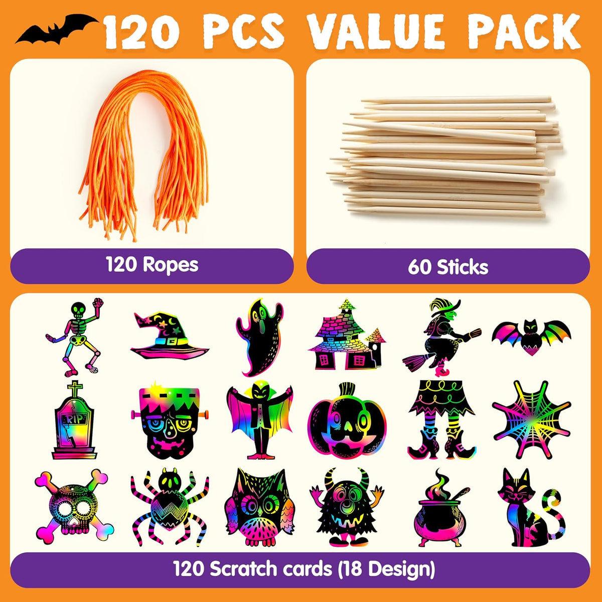 JOYIN 120 Pcs Halloween Rainbow Scratch Art Crafts for Kid, Halloween Party Favors, Scratch Off Paper with 18 Designs for Party Supplies, Classroom Activities Game Goodies Gifts