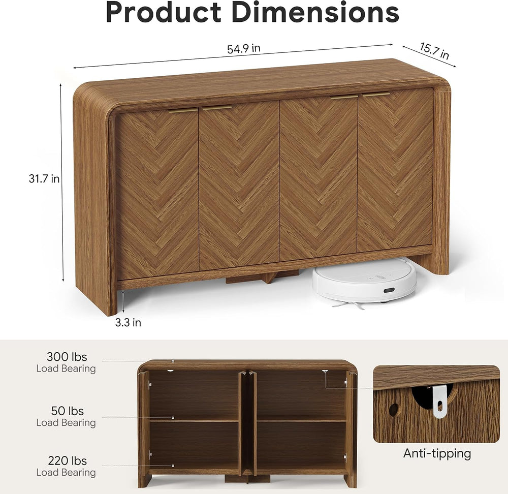 PAPROOS 55" Buffet Cabinet with Storage, Large Sideboard Cabinet, Walnut