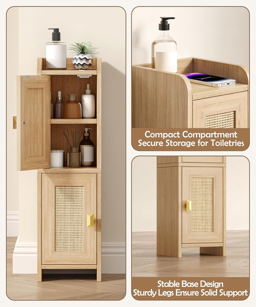 Akxomel Rattan Small Bathroom Cabinet Narrow Toilet Paper Organizer Oak
