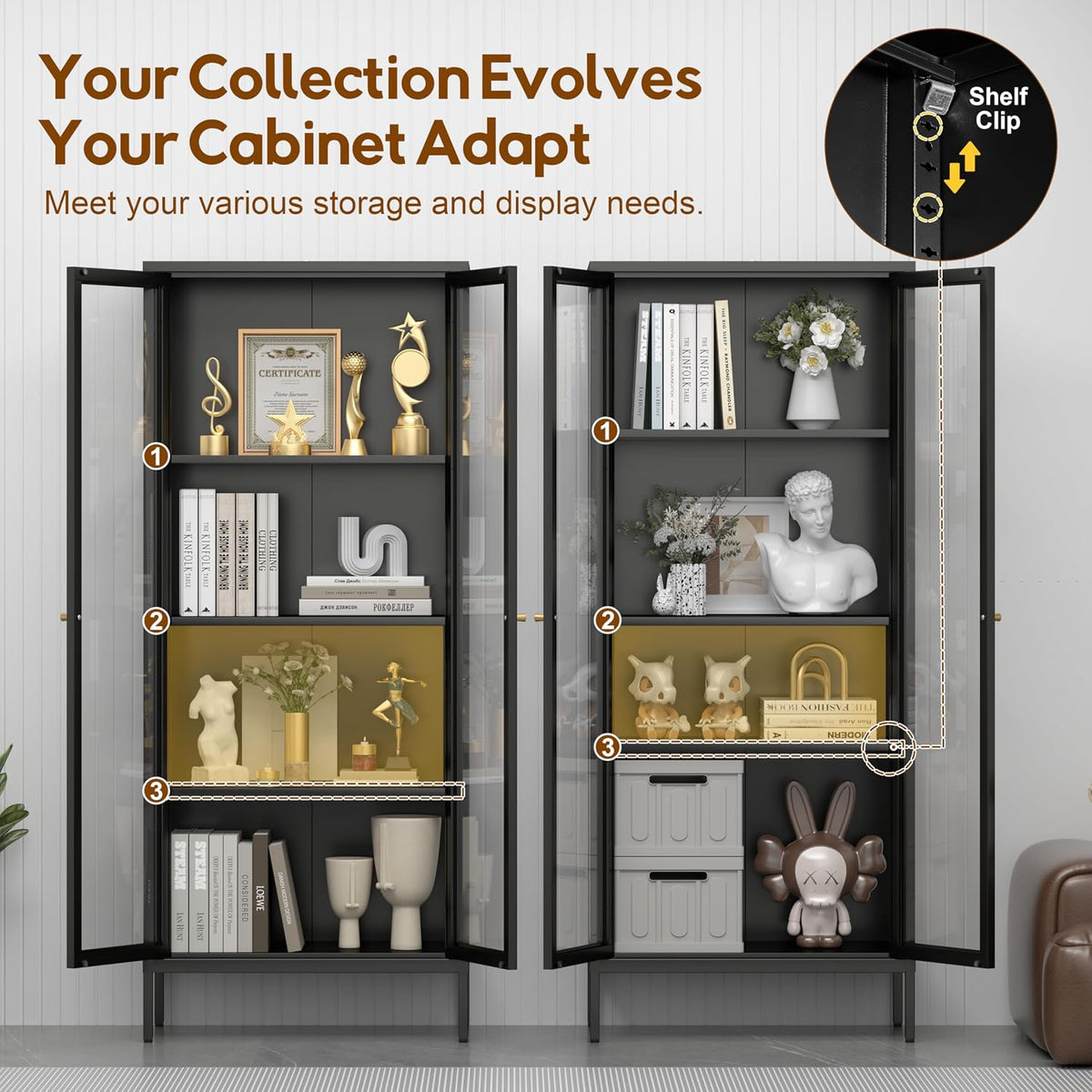 UNICOLY Glass Display Cabinet 4-Tier, Display Cabinet with Glass Doors