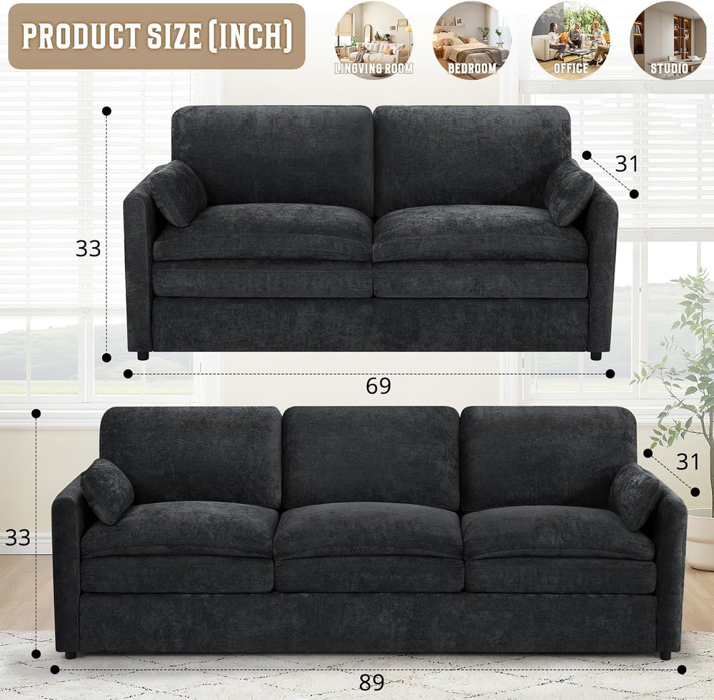 2 Pieces Chenille Upholstered Sofa Set w/Thicker Cushions, Black