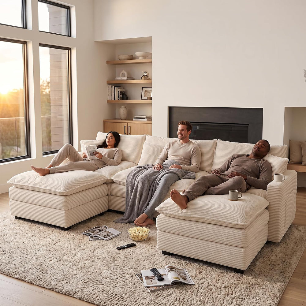 U Shaped Modular Sectional Sofa, 107" Cloud Couch with 2 Movable Ottomans