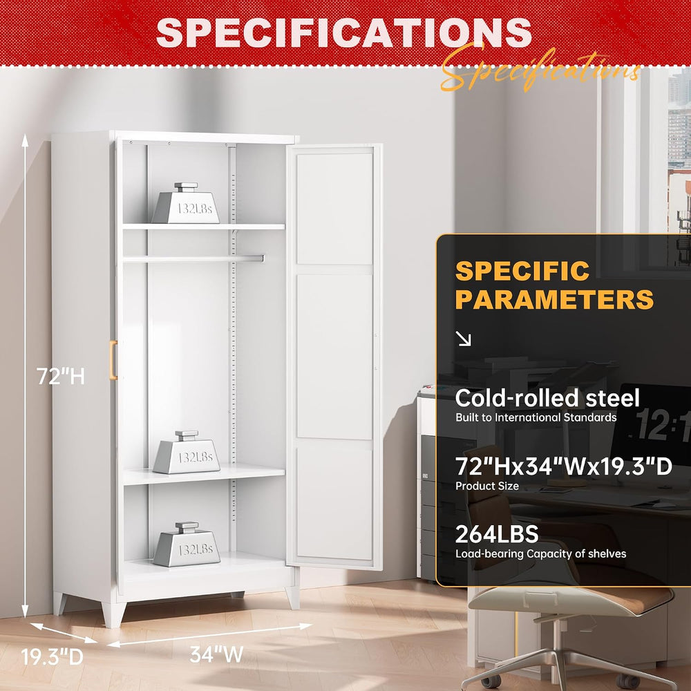 Superday Metal Wardrobe Closet, 72" H Bedroom Armoires with Wooden Handl...