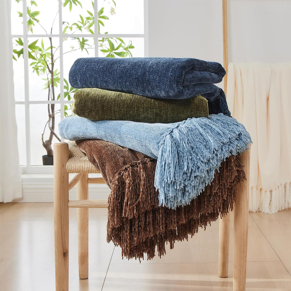 CozeCube Chenille Throw Blanket, Harvest Gold Fringe Blanket, 50"X60"