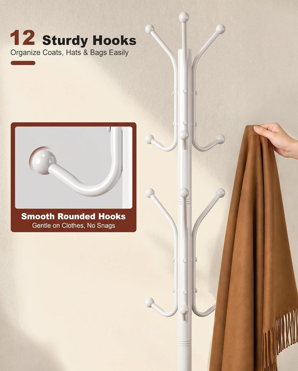 Coat Rack with 12 Hooks, Freestanding Coat Tree with Sintered Stone Base, Sturdy Metal Coat Stand for Hats, Purses & Jackets, Ideal for Entryway, Bedroom, Office & Closet, 11.4" x 11.4" x 68.1", White