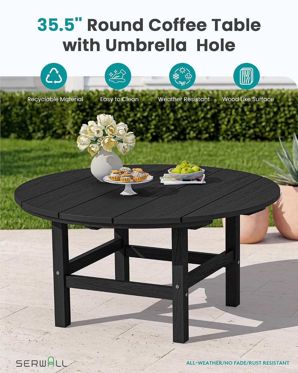 SERWALL 35.5'' Round Outdoor Coffee Table with Umbrella Hole,Black