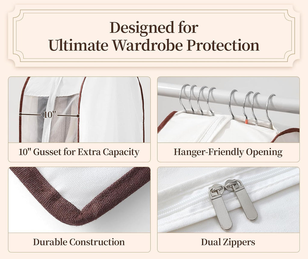 41" Cotton Garment Bags for Hanging Clothes, 2 Pack Breathable Suit Bags for Closet Storage, 10" Wide Gusseted & Clear Window, for Suits, Short Dresses, Sweaters, with Cedar Blocks