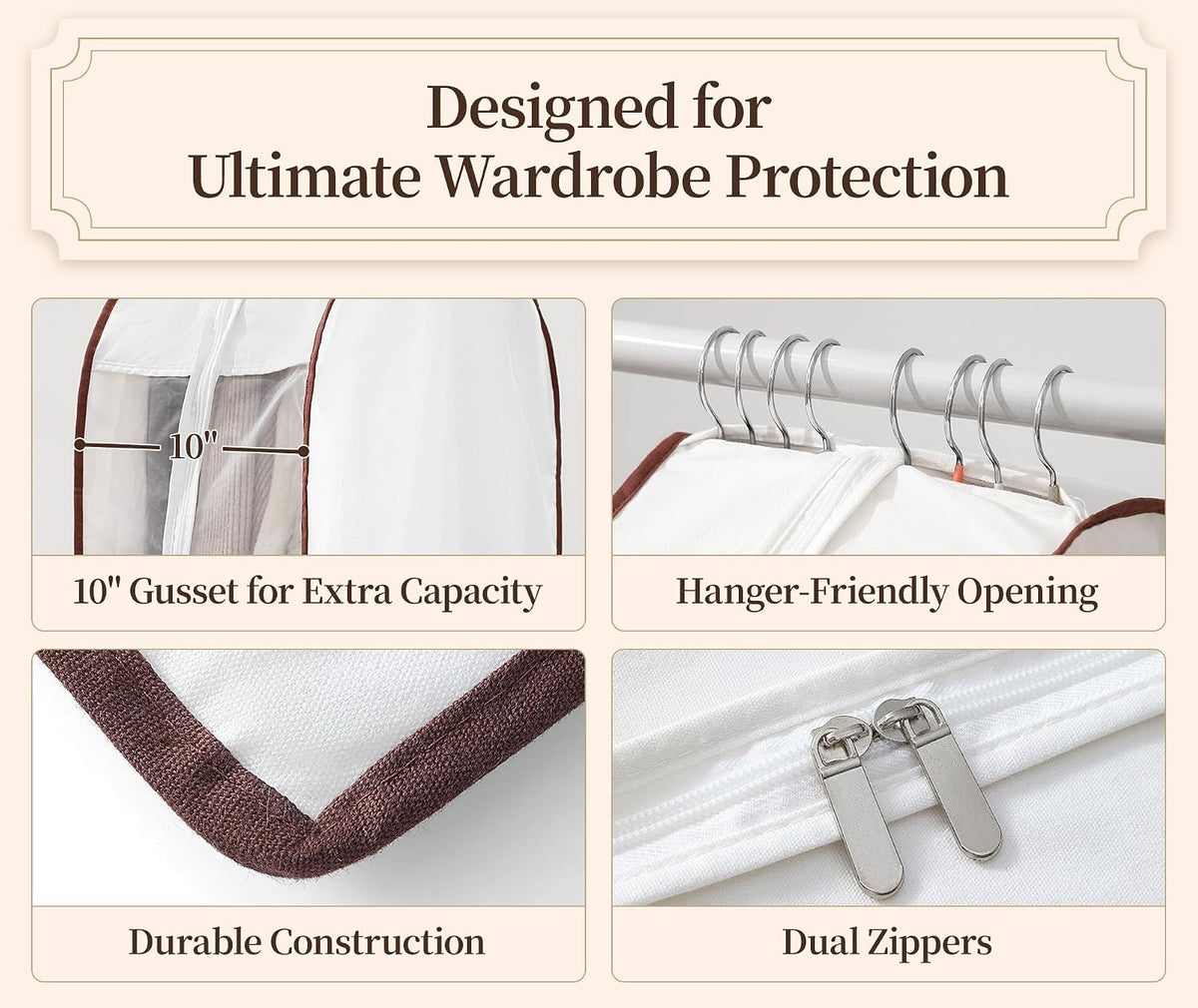41" Cotton Garment Bags for Hanging Clothes, 2 Pack Breathable Suit Bags for Closet Storage, 10" Wide Gusseted & Clear Window, for Suits, Short Dresses, Sweaters, with Cedar Blocks