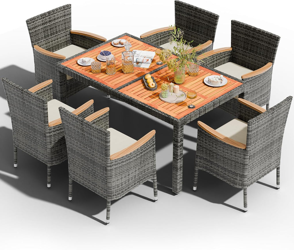 shintenchi 7 pcs wicker patio dining set, grey on a desk or shelf