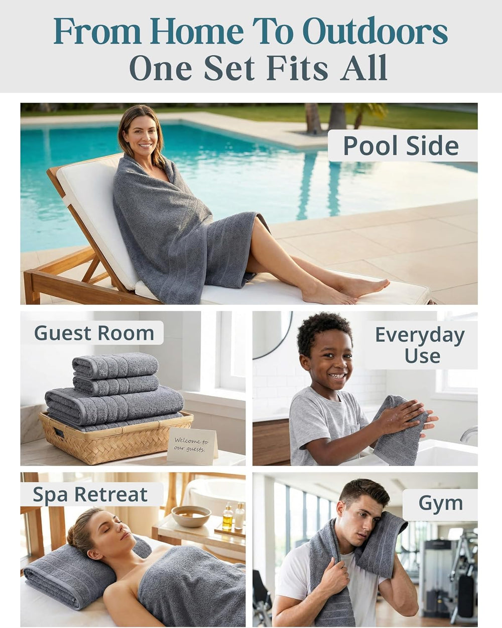 Casa Platino Bath Towel Set 100% Cotton 12 Piece Soft Absorbent - Cool Grey