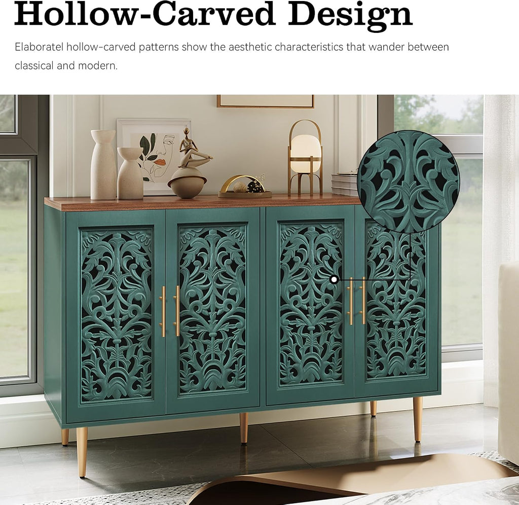 ARTPOWER 47.8" Vintage Accent Cabinet with 4 Hollow Carving Doors, Green