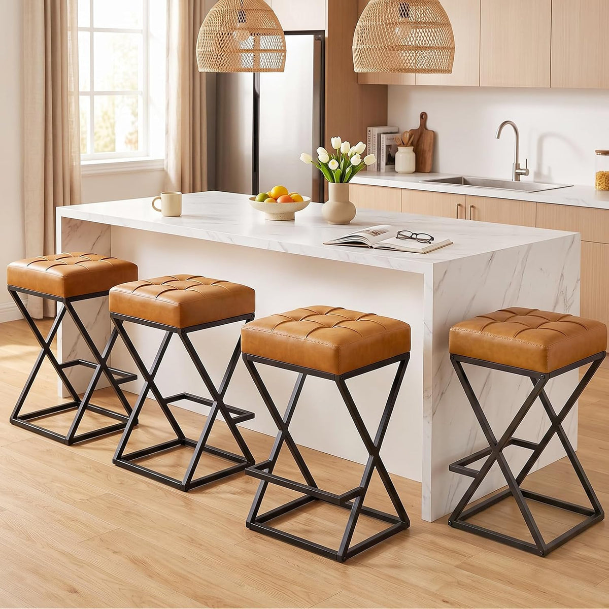 Bar Stools Set of 4, 26 Inch Counter Height Stool Faux Leather Brown
