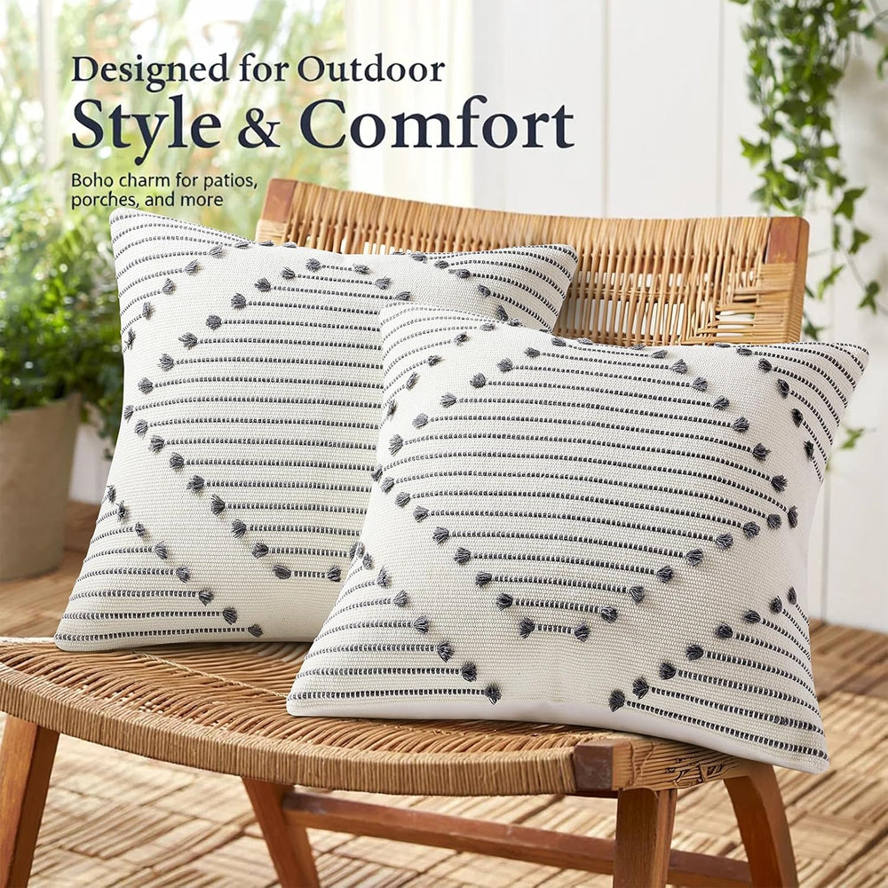 Mecatny Boho Outdoor Throw Pillow Covers 18x18 Set of 2 Grey & Cream White