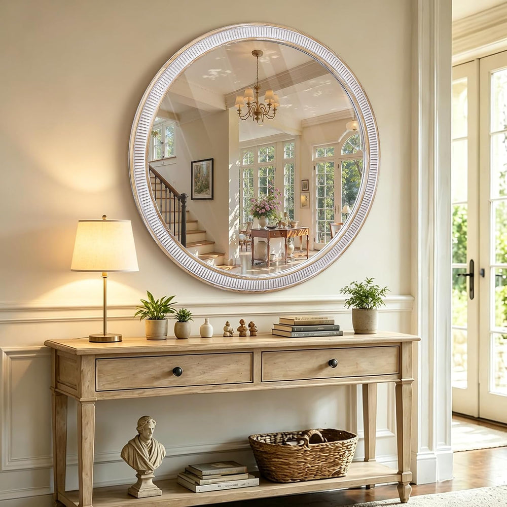 30 Inch Wooden Round Mirror for Wall Decor, Rustic Distressed Mirrors